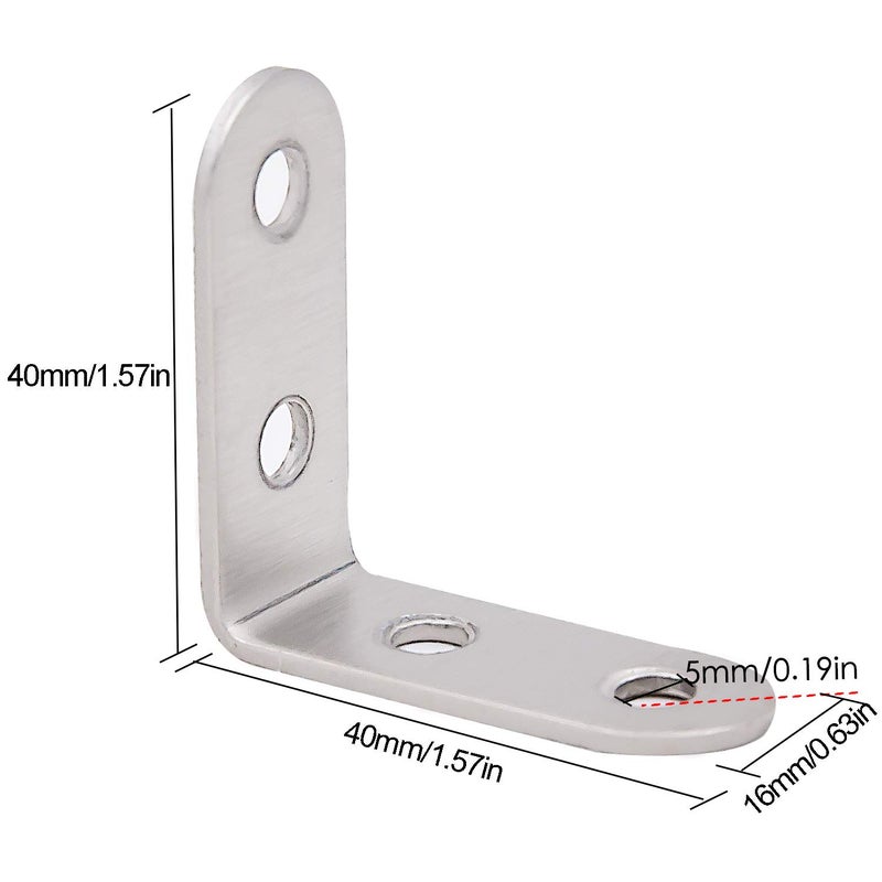 KINJOEK 100 Packs 40 x 40 x 16 mm Heavy Duty L Bracket Corner Brace Shelf Stainless Steel Joint Right Angle Support Fastener for Wood  Shelves  Furniture and Cabinet  1.57x1.57x0.63 Inch - Image 3